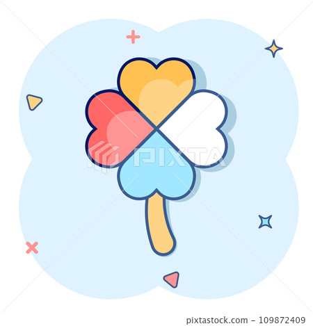 Four leaf clover icon in comic style. St Patricks Day cartoon vector illustration on white isolated background. Flower shape splash effect business concept. 109872409