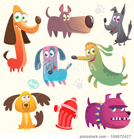 Cartoon dogs set. Bulldog poodle chihuahua dachshund jack russel terrier corgi and doberman. Vector illustration 109872427