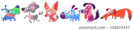Cartoon dogs set. Bulldog poodle chihuahua dachshund jack russel terrier corgi and doberman. Vector illustration 109872437