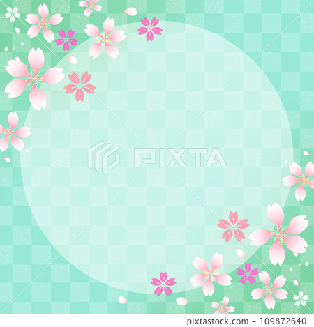 櫻花圓框背景綠色格子圖案正方形 109872640