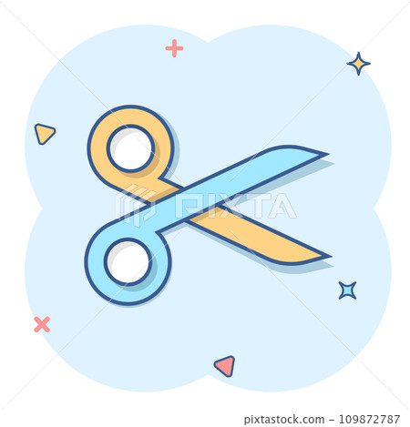 Scissor icon in comic style. Cut equipment cartoon vector illustration on white isolated background. Cutter splash effect business concept. Scissor icon in comic style. Cut equipment cartoon vector illustration on white isolated background. Cutter splash effect business concept. 109872787
