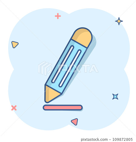Pencil icon in comic style. Pen cartoon vector illustration on white isolated background. Drawing splash effect business concept. 109872805