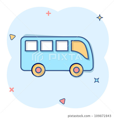 Bus icon in comic style. Coach cartoon vector illustration on white isolated background. Autobus vehicle splash effect business concept. 109872843
