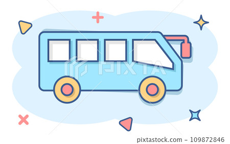 Bus icon in comic style. Coach cartoon vector illustration on white isolated background. Autobus vehicle splash effect business concept. Bus icon in comic style. Coach cartoon vector illustration on white isolated background. Autobus vehicle splash effect business concept. 109872846