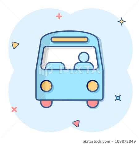 Bus icon in comic style. Coach cartoon vector illustration on white isolated background. Autobus vehicle splash effect business concept. 109872849