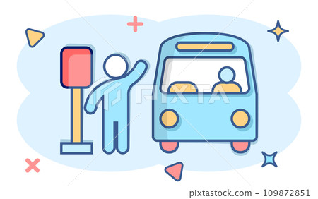 Bus station icon in comic style. Auto stop cartoon vector illustration on white isolated background. Autobus vehicle splash effect business concept. 109872851