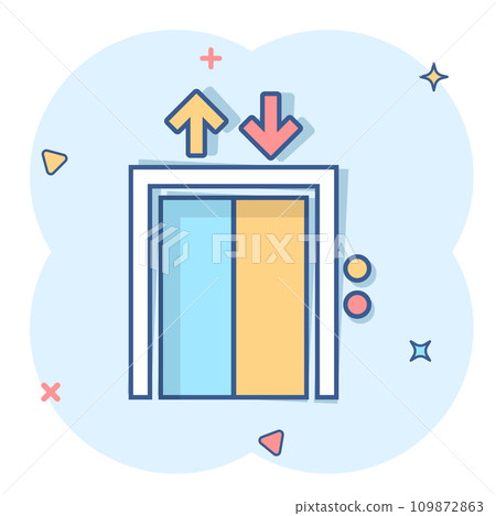 Elevator icon in comic style. Lift cartoon vector illustration on white isolated background. Passenger transportation splash effect business concept. 109872863