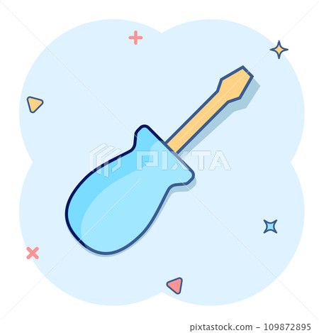 Screwdriver icon in comic style. Spanner key cartoon vector illustration on white isolated background. Repair equipment splash effect business concept. Screwdriver icon in comic style. Spanner key cartoon vector illustration on white isolated background. Repair equipment splash effect business concept. 109872895