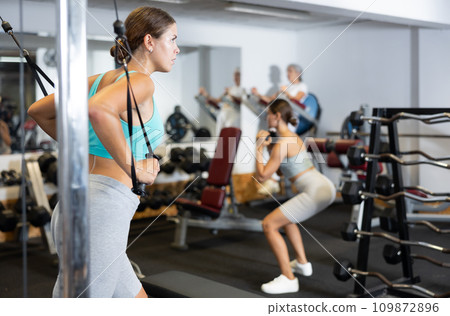 Active athlete young woman during exercises on crossover exercise machine with loops and weighting Active athlete young woman during exercises on crossover exercise machine with loops and weighting 109872896