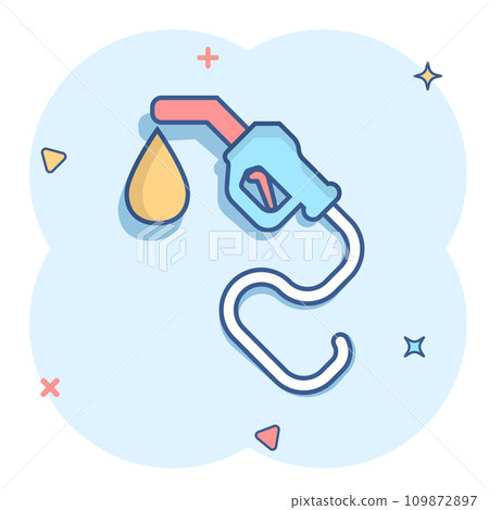 Fuel pump icon in comic style. Gas station cartoon sign vector illustration on white isolated background. Petrol splash effect business concept. Fuel pump icon in comic style. Gas station cartoon sign vector illustration on white isolated background. Petrol splash effect business concept. 109872897