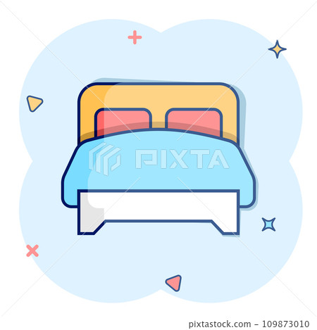 Bed icon in comic style. Bedroom cartoon sign vector illustration on white isolated background. Bedstead splash effect business concept. Bed icon in comic style. Bedroom cartoon sign vector illustration on white isolated background. Bedstead splash effect business concept. 109873010