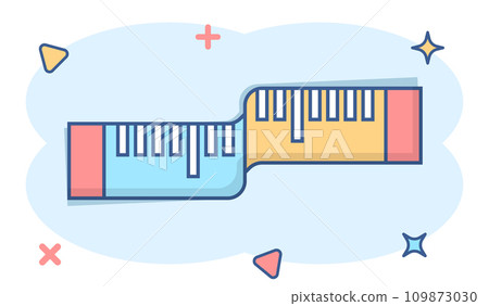 Measure tape icon in comic style. Ruler cartoon sign vector illustration on white isolated background. Meter splash effect business concept. 109873030