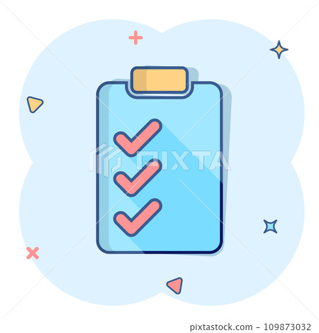 Document checklist icon in comic style. Report cartoon vector illustration on white isolated background. Paper sheet splash effect business concept. Document checklist icon in comic style. Report cartoon vector illustration on white isolated background. Paper sheet splash effect business concept. 109873032
