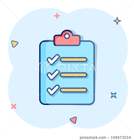 Document checklist icon in comic style. Report cartoon vector illustration on white isolated background. Paper sheet splash effect business concept. Document checklist icon in comic style. Report cartoon vector illustration on white isolated background. Paper sheet splash effect business concept. 109873034