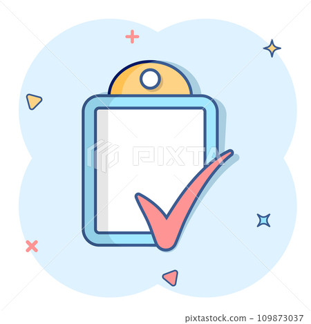 Document checklist icon in comic style. Report cartoon vector illustration on white isolated background. Paper sheet splash effect business concept. 109873037