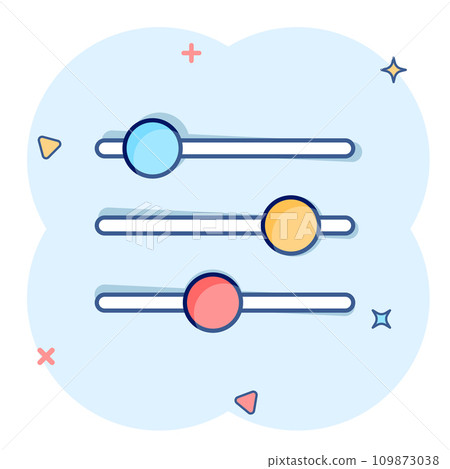 Control volume icon in comic style. Audio adjusting cartoon sign vector illustration on white isolated background. Filter splash effect business concept. 109873038