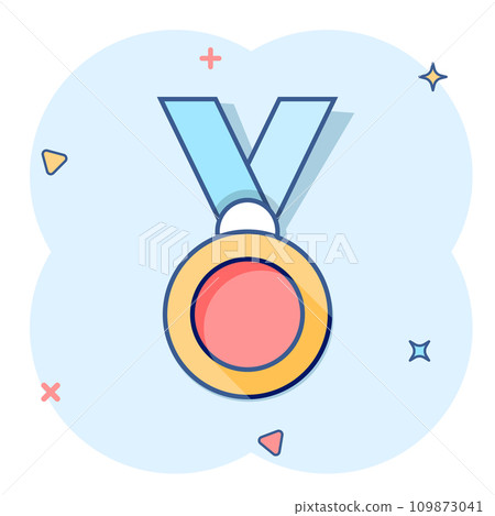 Medal icon in comic style. Prize cartoon sign vector illustration on white isolated background. Trophy award splash effect business concept. Medal icon in comic style. Prize cartoon sign vector illustration on white isolated background. Trophy award splash effect business concept. 109873041