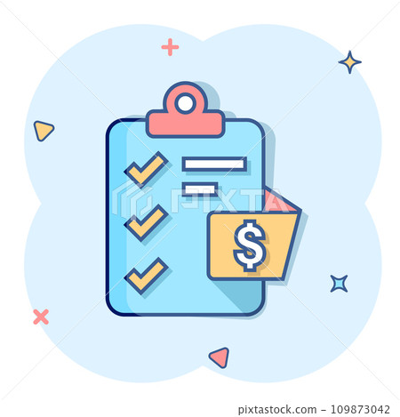 Document checklist icon in comic style. Report cartoon vector illustration on white isolated background. Paper sheet splash effect business concept. Document checklist icon in comic style. Report cartoon vector illustration on white isolated background. Paper sheet splash effect business concept. 109873042