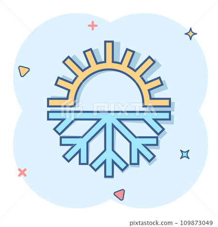 Snowflake and sun icon in comic style. Climate control cartoon vector illustration on white isolated background. Hot, cold temperature splash effect business concept. 109873049