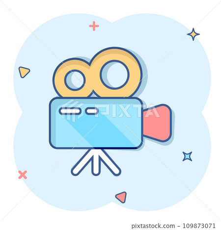 Projector icon in comic style. Cinema camera cartoon vector illustration on white isolated background. Movie splash effect business concept. Projector icon in comic style. Cinema camera cartoon vector illustration on white isolated background. Movie splash effect business concept. 109873071