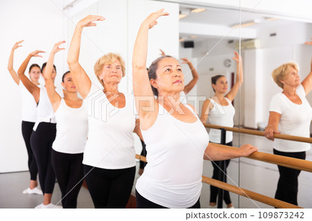 Warm-up sessions at bench, women doing ballet 109873242
