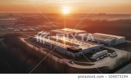 Exterior photo of a large factory at dusk Exterior photo of a large factory at dusk 109873294