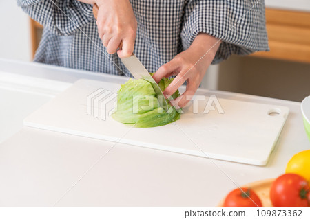 Woman cooking, cutting lettuce at hand 109873362