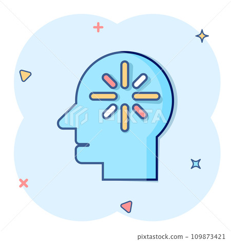 Mind awareness icon in comic style. Idea human cartoon vector illustration on white isolated background. Customer brain splash effect business concept. 109873421