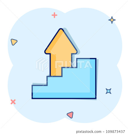 Chart graph icon in comic style. Arrow grow cartoon vector illustration on white isolated background. Analysis splash effect business concept. Chart graph icon in comic style. Arrow grow cartoon vector illustration on white isolated background. Analysis splash effect business concept. 109873437