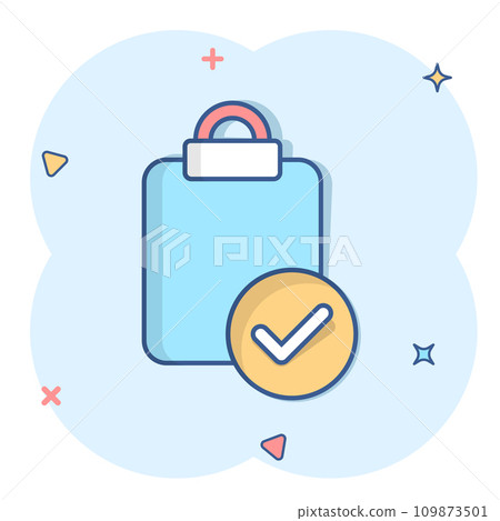Document checkbox icon in comic style. Test cartoon vector illustration on white isolated background. Contract splash effect business concept. 109873501