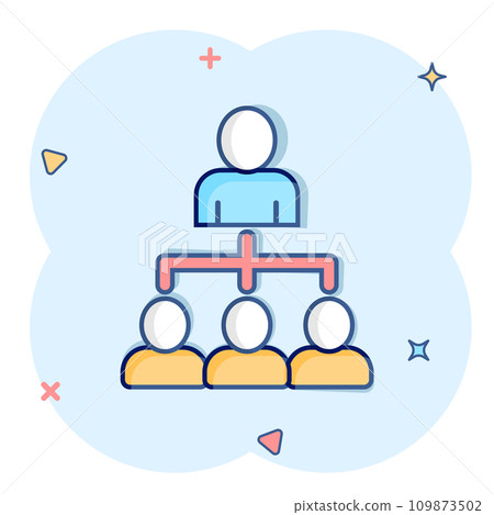 Corporate organization chart with business people vector icon in comic style. People cooperation cartoon illustration on white background. Teamwork splash effect business concept. 109873502