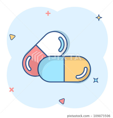 Pill capsule icon in comic style. Drugs cartoon vector illustration on white isolated background. Pharmacy splash effect business concept. 109873506