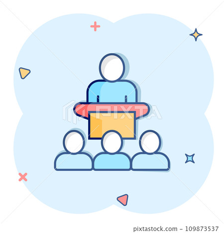People on podium icon in comic style. Speaker cartoon vector illustration on white isolated background. Audience orator splash effect business concept. 109873537