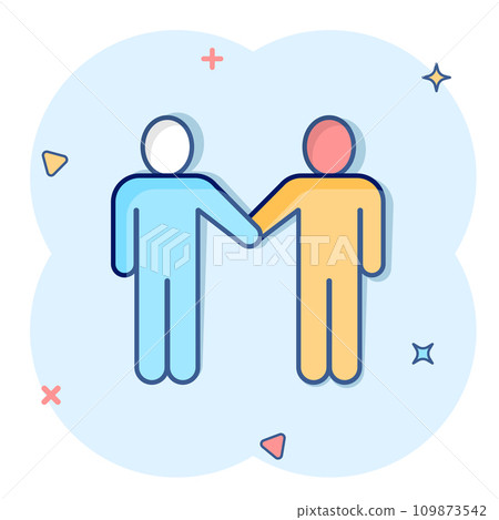 Greetings gesture icon in comic style. People handshake cartoon vector illustration on white isolated background. Hand shake splash effect business concept. 109873542
