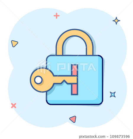 Locker icon in comic style. Padlock password cartoon vector illustration on white isolated background. Key unlock splash effect business concept. Locker icon in comic style. Padlock password cartoon vector illustration on white isolated background. Key unlock splash effect business concept. 109873596