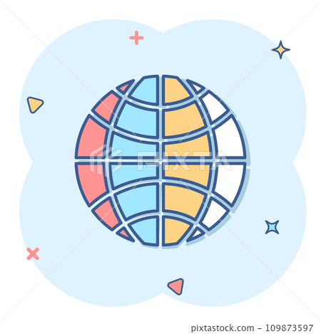 Earth planet icon in comic style. Globe geographic cartoon vector illustration on white isolated background. Global communication splash effect business concept. Earth planet icon in comic style. Globe geographic cartoon vector illustration on white isolated background. Global communication splash effect business concept. 109873597