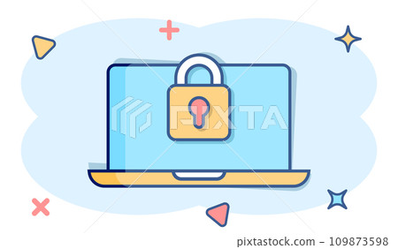 Locker computer icon in comic style. Padlock laptop cartoon vector illustration on white isolated background. Key unlock splash effect business concept. Locker computer icon in comic style. Padlock laptop cartoon vector illustration on white isolated background. Key unlock splash effect business concept. 109873598