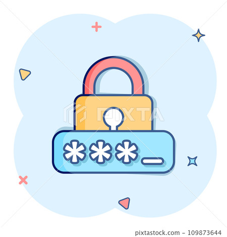Login icon in comic style. Password access cartoon vector illustration on white isolated background. Padlock entry splash effect business concept. Login icon in comic style. Password access cartoon vector illustration on white isolated background. Padlock entry splash effect business concept. 109873644
