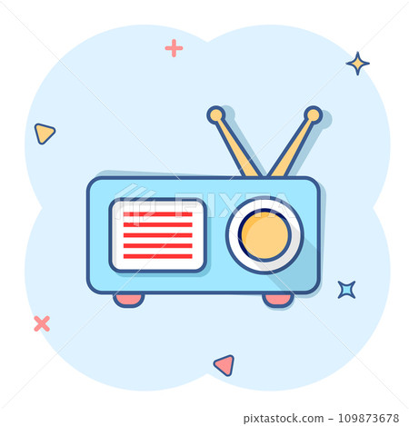 Radio icon in comic style. Fm broadcast cartoon vector illustration on white isolated background. Radiocast splash effect business concept. 109873678
