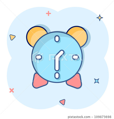 Clock icon in comic style. Watch cartoon vector illustration on white isolated background. Timer splash effect business concept. 109873698