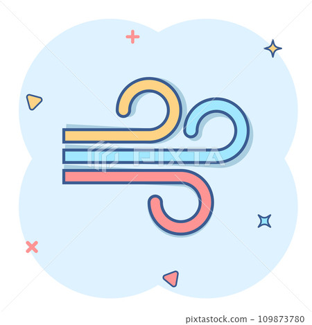 Wind icon in comic style. Air cartoon vector illustration on white isolated background. Breeze splash effect business concept. Wind icon in comic style. Air cartoon vector illustration on white isolated background. Breeze splash effect business concept. 109873780