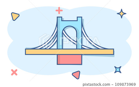Bridge sign icon in comic style. Drawbridge vector cartoon illustration on white isolated background. Road business concept splash effect. 109873969