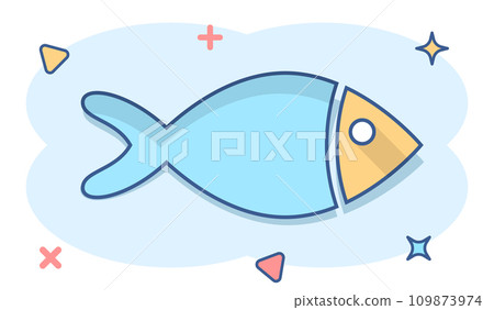 Fish sign icon in comic style. Goldfish vector cartoon illustration on white isolated background. Seafood business concept splash effect. 109873974