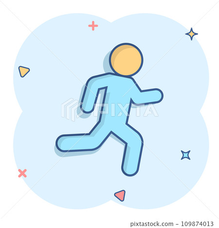 Running people sign icon in comic style. Run silhouette vector cartoon illustration on white isolated background. Motion jogging business concept splash effect. Running people sign icon in comic style. Run silhouette vector cartoon illustration on white isolated background. Motion jogging business concept splash effect. 109874013