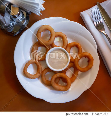 Crispy fried onion rings served with sauce Crispy fried onion rings served with sauce 109874015