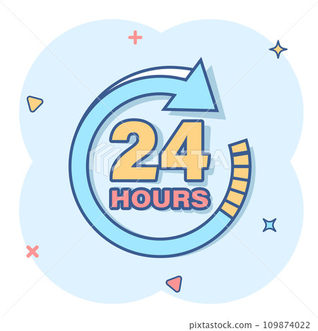24 hours clock sign icon in comic style. Twenty four hour open vector cartoon illustration on white isolated background. Timetable business concept splash effect. 109874022