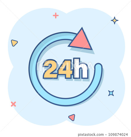 24 hours clock sign icon in comic style. Twenty four hour open vector cartoon illustration on white isolated background. Timetable business concept splash effect. 24 hours clock sign icon in comic style. Twenty four hour open vector cartoon illustration on white isolated background. Timetable business concept splash effect. 109874024