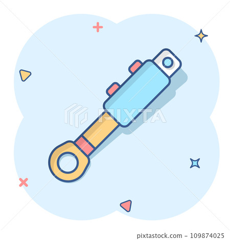 Hydraulic icon in comic style. Cylinder cartoon vector illustration on white isolated background. Equipment splash effect business concept. Hydraulic icon in comic style. Cylinder cartoon vector illustration on white isolated background. Equipment splash effect business concept. 109874025
