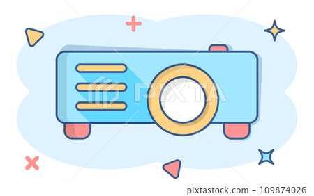 Video projector sign icon in comic style. Cinema presentation device vector cartoon illustration on white isolated background. Conference business concept splash effect. Video projector sign icon in comic style. Cinema presentation device vector cartoon illustration on white isolated background. Conference business concept splash effect. 109874026