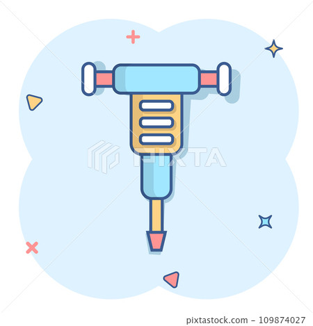 Jackhammer icon in comic style. Demolish package vector illustration on white isolated background. Destroy splash effect business concept. Jackhammer icon in comic style. Demolish package vector illustration on white isolated background. Destroy splash effect business concept. 109874027